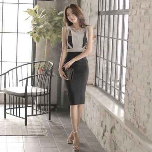 【取寄：納期2週間】パーティードレス 結婚式 お呼ばれ パーティー 膝丈 ワンピース バイカラー タイト スリット