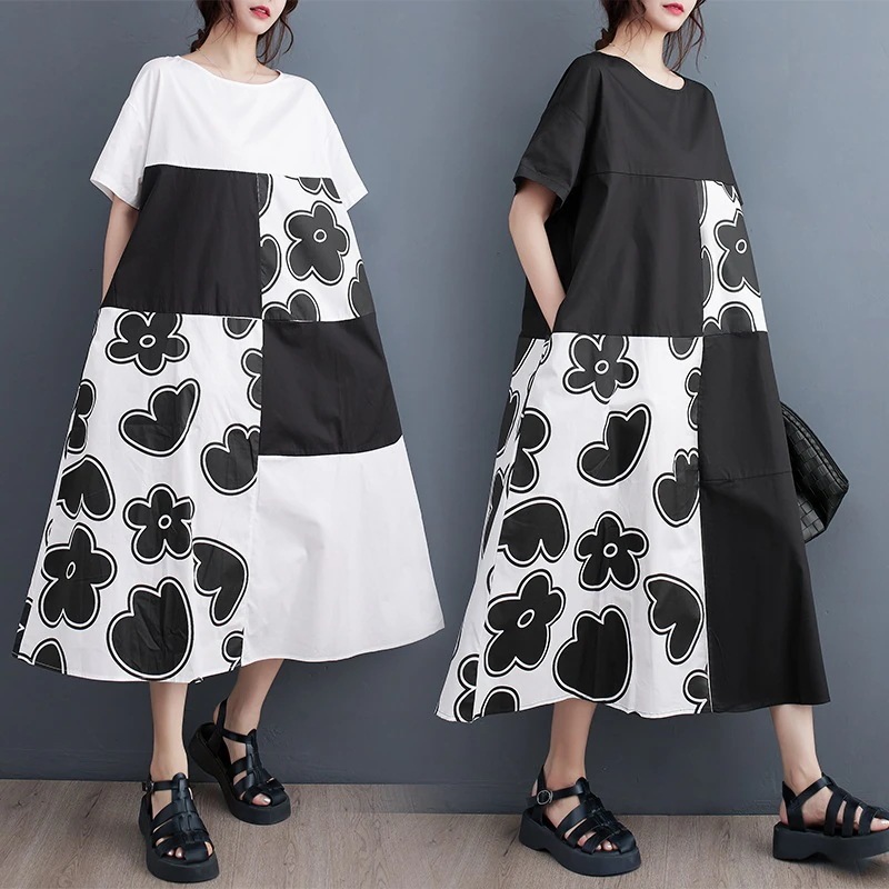 大きいサイズ2024夏の新型ゆるいプリントはカジュアルでシンプルな通勤シャツワンピース韓版半袖気質ロングワンピース