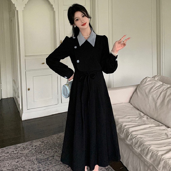 レトロカラーブロッキングフェイクツーピースレーススカートレディース春の新デザインラペルウエストスリムドレス秋冬