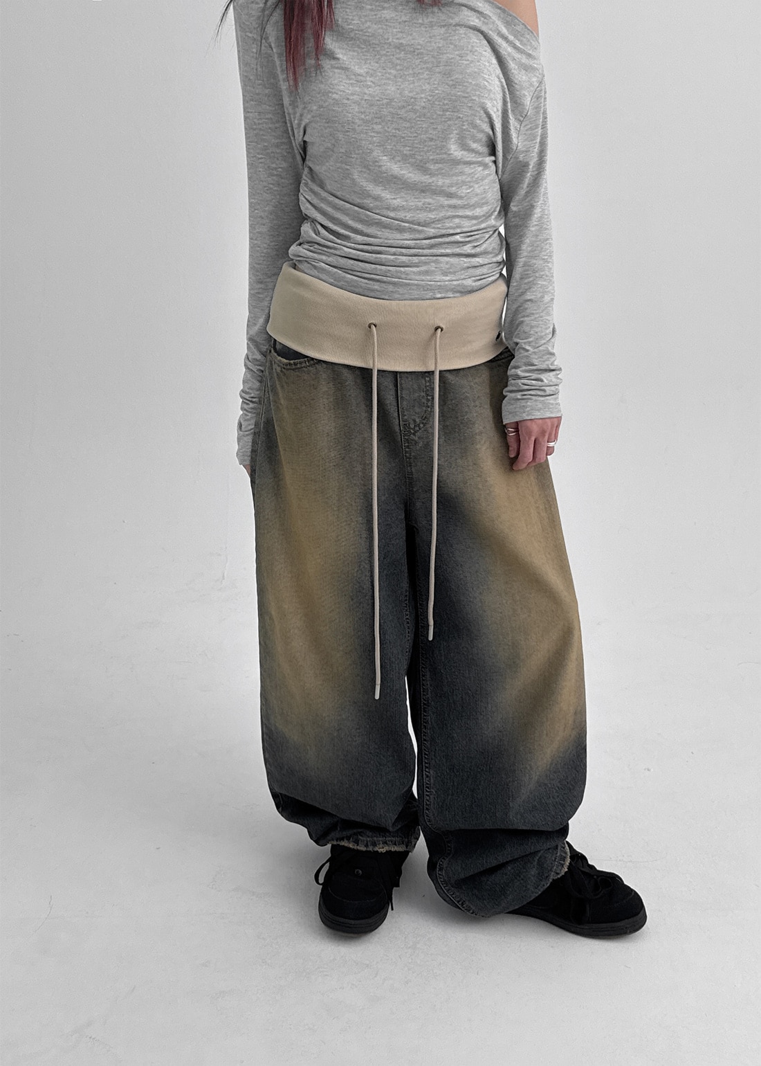 ギャンブルワッシング折りたたみワイドデニムパンツ