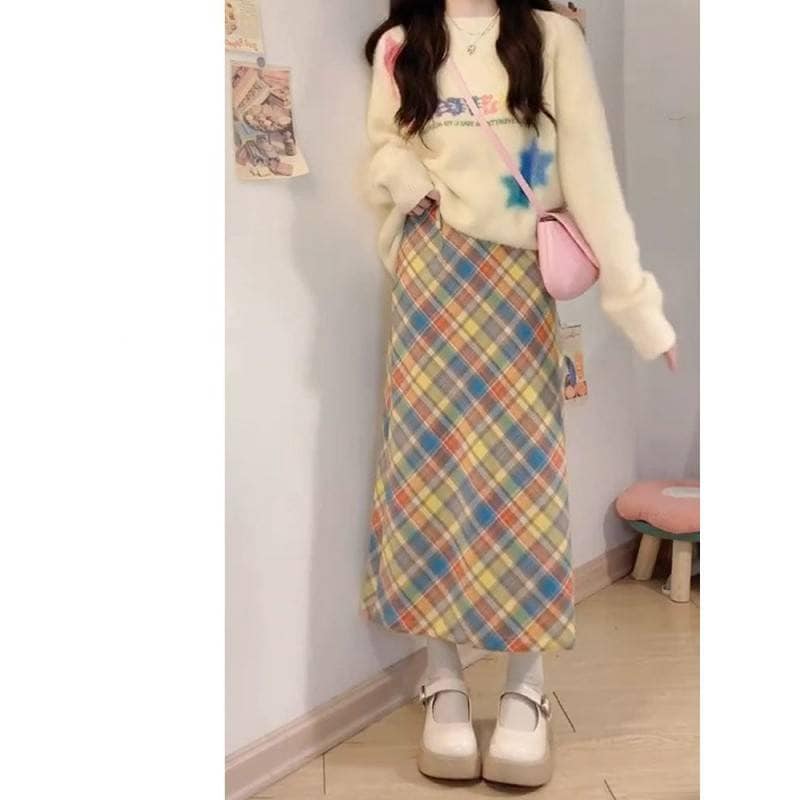 レトロ ハイウエスト 痩身カラフルチェック柄 ヒップスカート レディース 秋小さめ ミドル丈チェック柄 aライン スカート