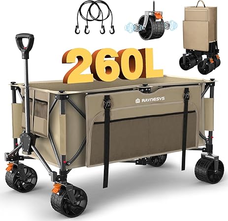 キャリーワゴン 大容量260L 耐荷重200kg アウトドアワゴン 折り畳み式キャンプカート ワンタッチ収束式 自立収納 静音 ブレーキ付き 収納カバー付き キャンプ/砂浜/釣り/引越し/買い物/ゴミ