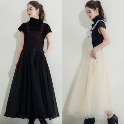 黒 ワンピース おしゃれ きれいめ カジュアル ロング丈 ミモレ丈 サロペット スカート 異素材