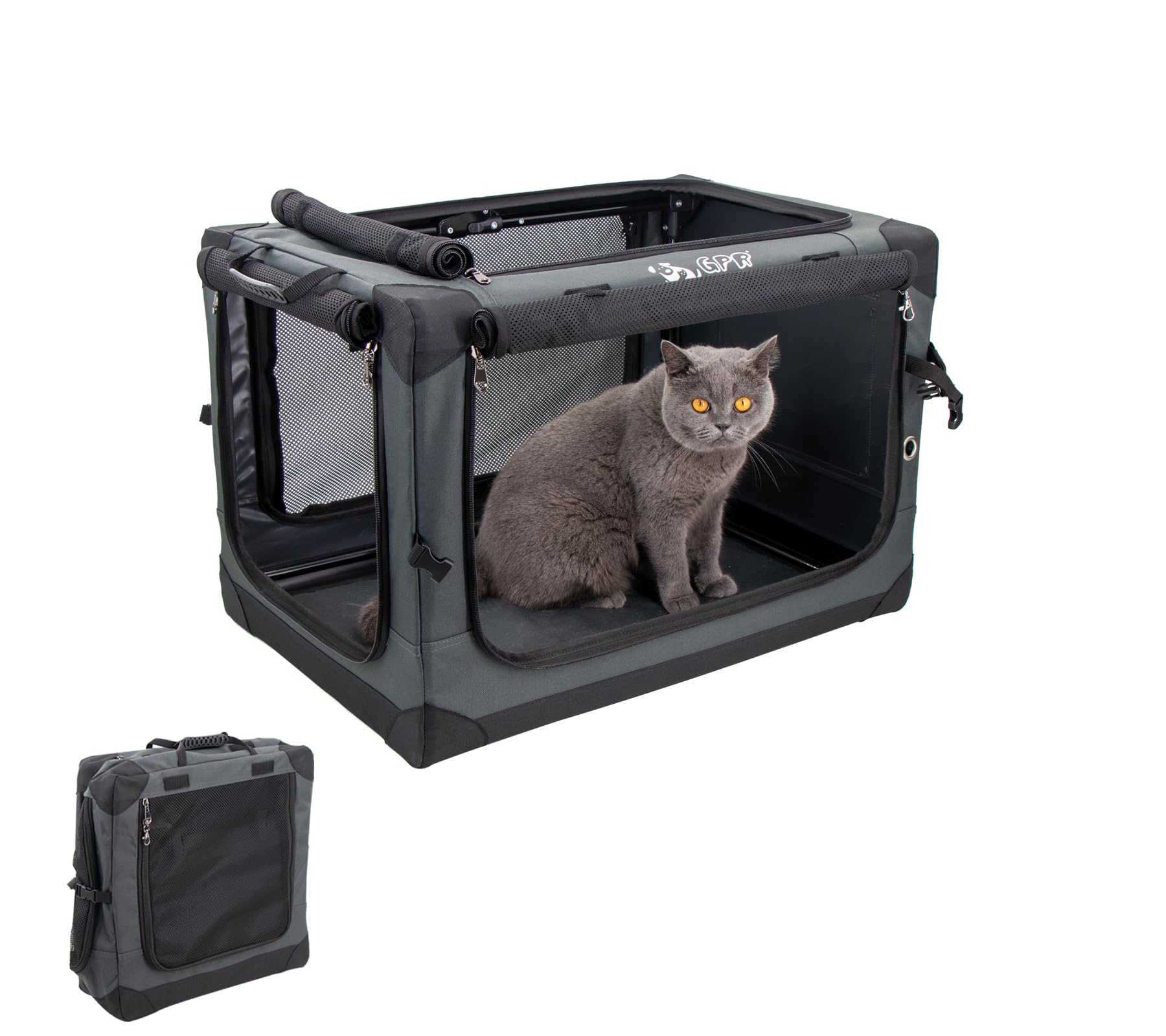 GPR ペット ソフトクレート ケージ ペットキャリー ペットハウス カバー取り外せる 4面メッシュ出入口 鉄フレーム 猫犬兼用 折りたたみ式 洗濯可能 (ダックグリーン M)