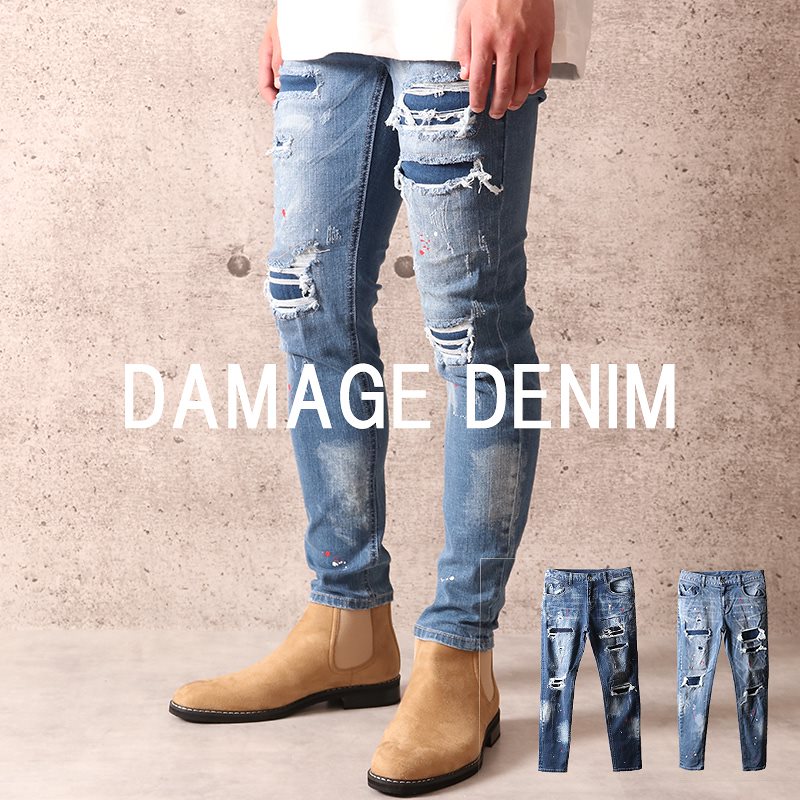 送料無料ペイント加工 ダメージデニム スキニーデニム ジーンズ ストレッチ メンズ クラッシュ リペア ペンキ スリム スーパーストレッチ ダメージパンツ ジーンズ ストリート ジーパン ボトムス