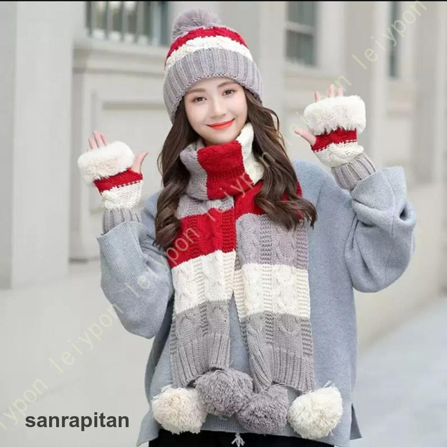 ニット帽 防寒帽 ニットキャップ マフラー 手袋 ケーブル編み 可愛い 3点セット かわいい レディース ポンポン付き ニット帽子 秋冬 暖かい ゆったり 可愛い