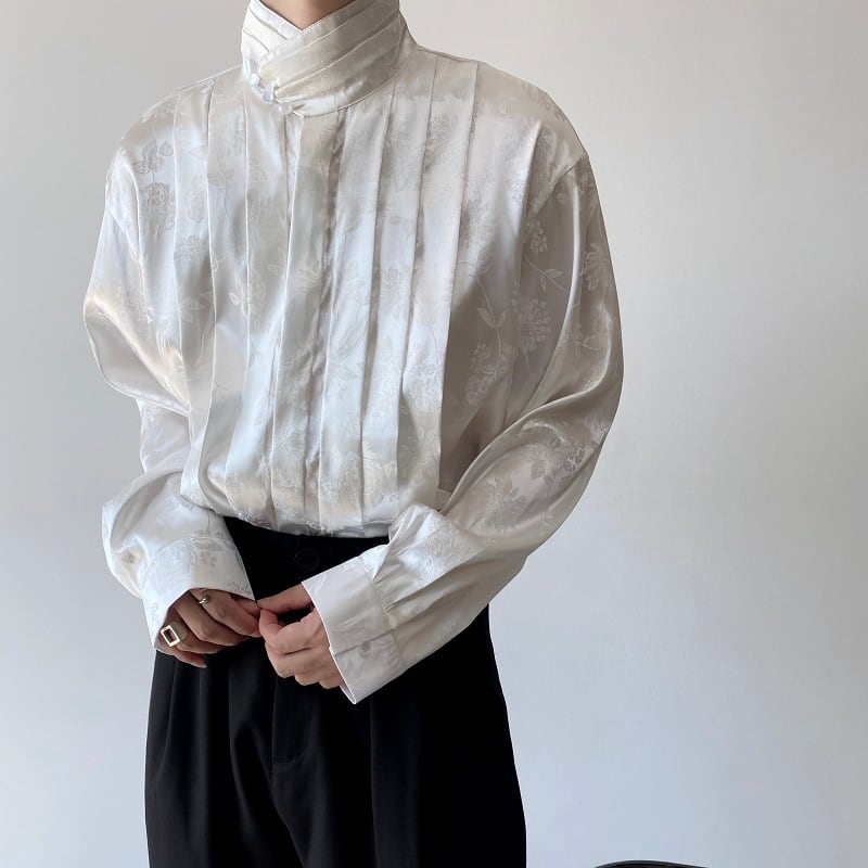 チャイナ風シャツ 花柄シャツ メンズ 長袖ブラウス レディース 白 黒 半立ち襟 文芸スタイル 男女兼用トップス