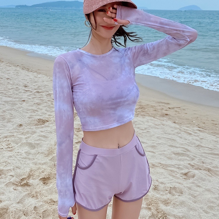 4点セット スイムウエア 水着 セパレート ビキニ クロスデザイン トップス 長袖 ショート丈 ショートパンツ ポケット 可愛い かわいい 大人可愛い シンプル カジュアル 大人 おしゃれ お洒落
