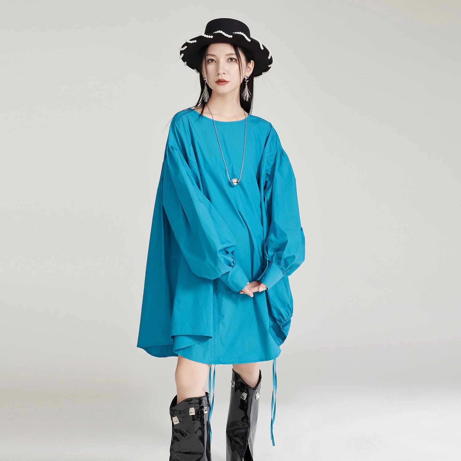 韓国長袖ブラウス バブル袖大きいサイズ シャツ ワンピース ドローストリング 可愛い上着