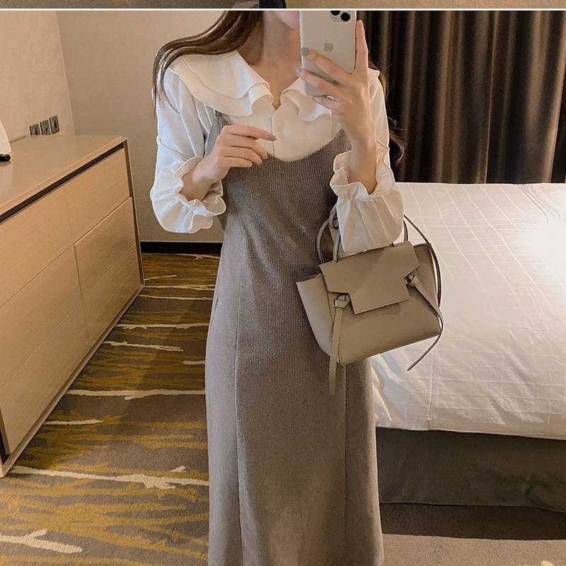 オールインワン レディース セットアップ 上下 2点セット ケープ襟 長袖 スカート ワンピース ストレート ロング丈 大人可愛い きれいめ 上品 お洒落 主役級 存在感 シンプル こなれ感 オルチャ