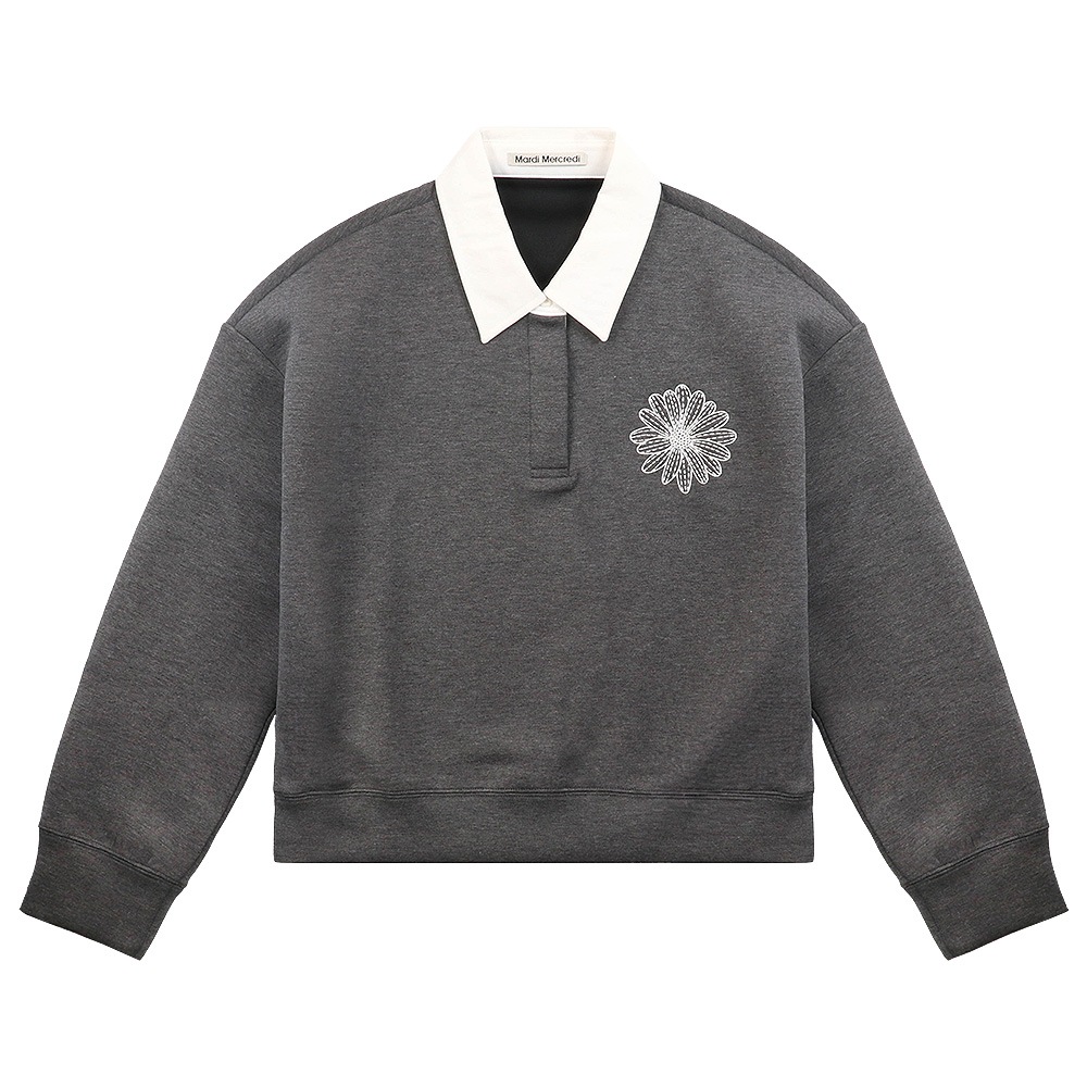 スウェット NEOPRENE CROPPED SHIRT PIQUET FLOWER CHARCOAL IVORY 長袖 レディース 韓国 ファッション アパレル スウェットシャツ 刺繍