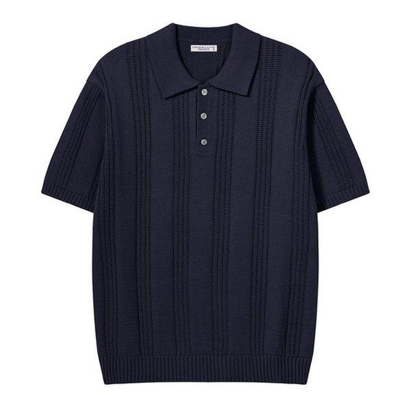 メンズ シングルブレスト ボタン カラーネック 半袖 ニットTシャツ AS-KN-Q024-ネイビー
