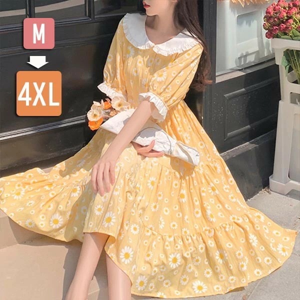 ワンピース ビッグカラー デイジー柄 イエロー ポワン袖 半袖 ひざ下丈 夏 夏服 かわいい 大きいサイズ レディース 中学生 ゆったり 小花柄 フリルデコカラー ロリータ ミモレ丈 スイート サマー