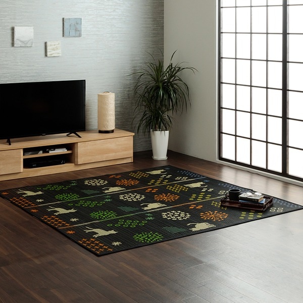 い草 ラグ マット 約180×240cm ブラック 猫柄 花柄 不織布滑り止め付き 折りたたみ収納可 湿度調節 抗菌 防臭 消臭効果