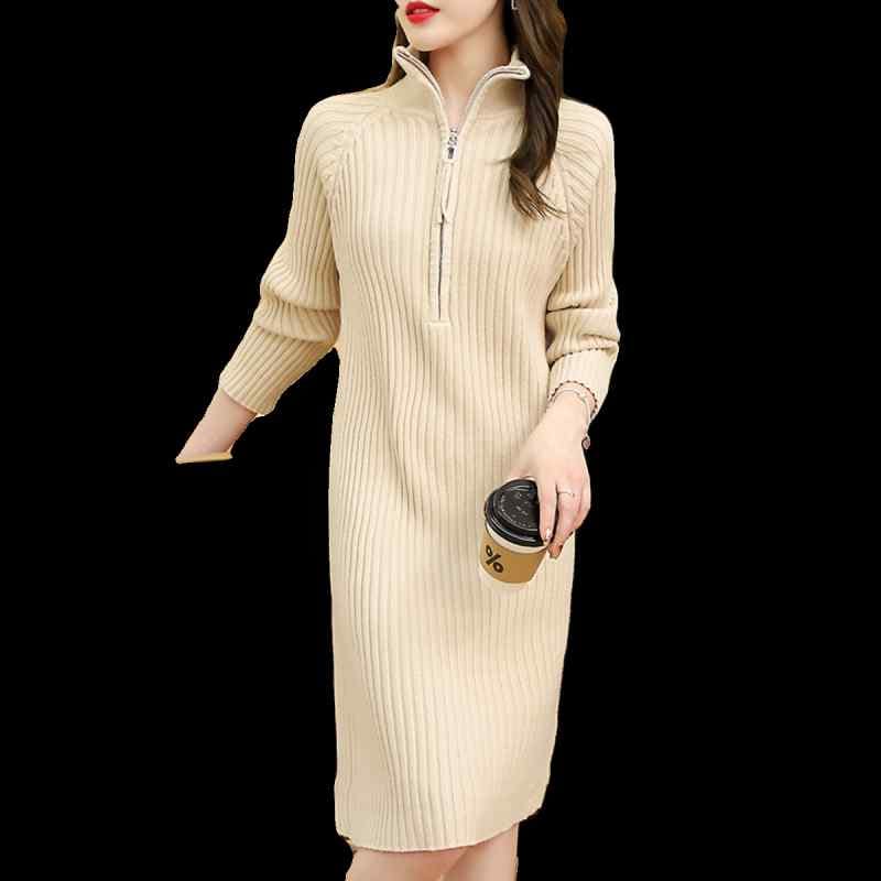 セーター 長袖 レディース 秋冬 ワンピース スカート ミモレ丈ハーフジップ ニット 単色 ハイネック ウール ジッパー 大きいサイズ グレー カーキ 黒