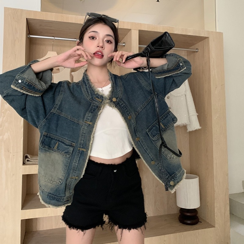 テイストレトロ麻布大ポケットデニムジャケット女性2023秋緩い気質スタンドカラーデニムジャケット
