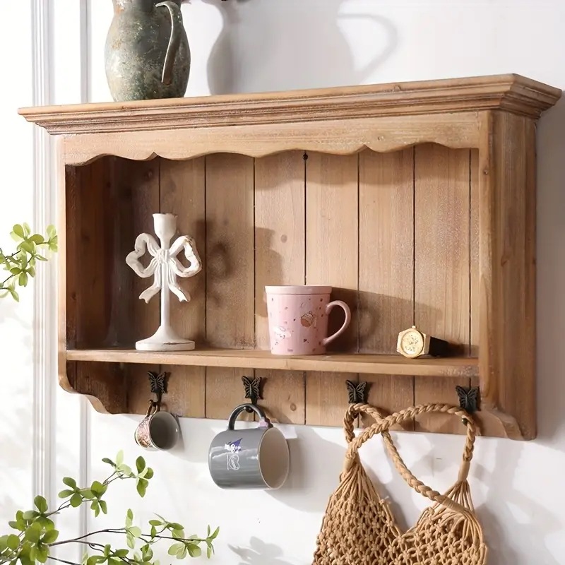 ヴィンテージデザインの多目的装飾収納ラック - キージュエリーアクセサリー用の壁掛け棚オープンストレージ機能ハードウッド製造電気不要装飾収納 ヴィンテージ壁掛け棚 オープンストレー