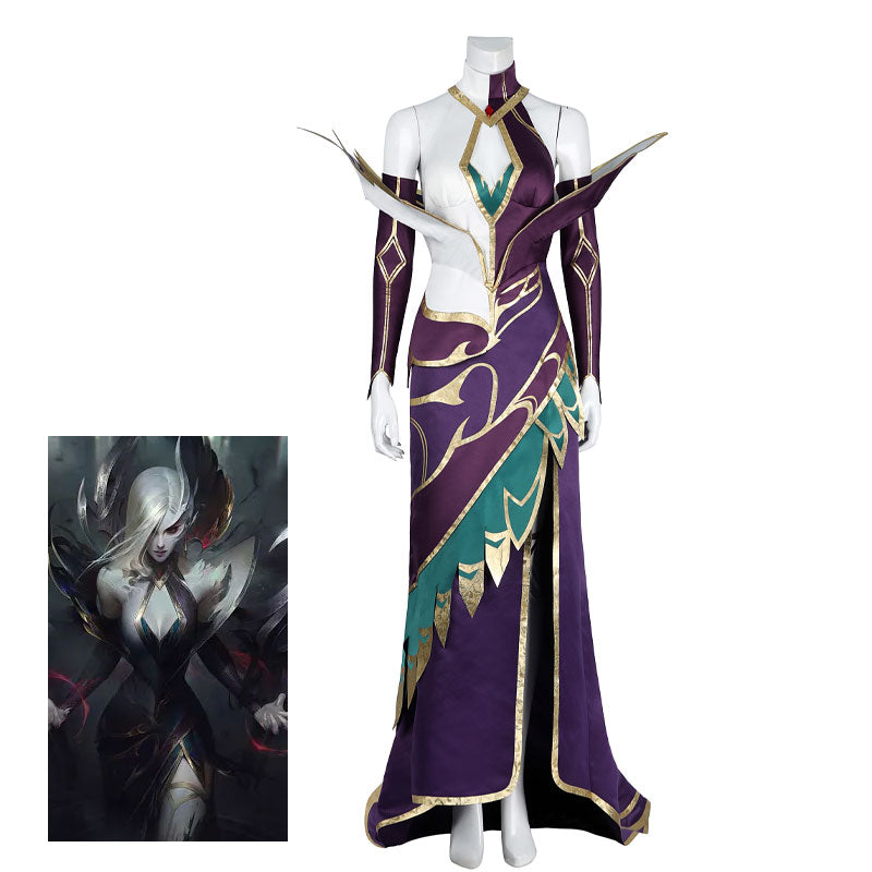 LOL Morgana 女性のためのセクシーなモガナ コスプレ衣装 ハロウィーンの衣装 紫 仮装 変装 ヘッドカバー コスプレ ゲーム イベント パーティ