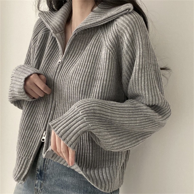 ニット ジップアップセーター カーディガン Vネック 韓国 レディース オルチャン ポケット 前開き 大人可愛い 黒 白 ホワイト ブラック グレー ダークグレー シンプル カジュアル