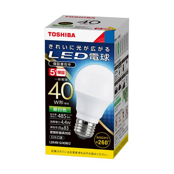 （まとめ）東芝ライテック LED電球 一般電球形 E26口金 4.4W 昼白色 LDA4N-G/40W/2 1個 (×5セット) 5,840円
