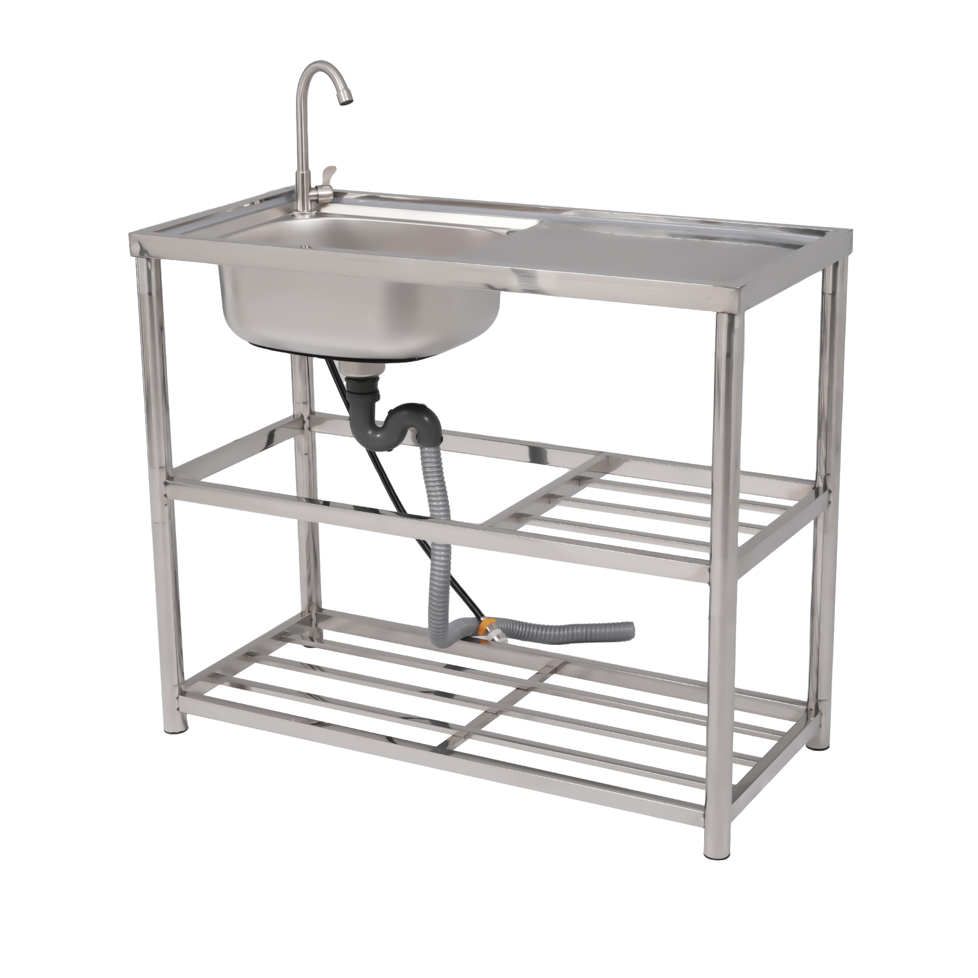 【幅100cm】屋外 流し台 ステンレス製 ガーデンシンク 作業台 キッチン 台所 屋外 簡易 シンク 組み立て簡単 収納棚付 庭 高さ調節 調理台 ガーデニング 庭 DIY 頑丈 新作【シルバー】G