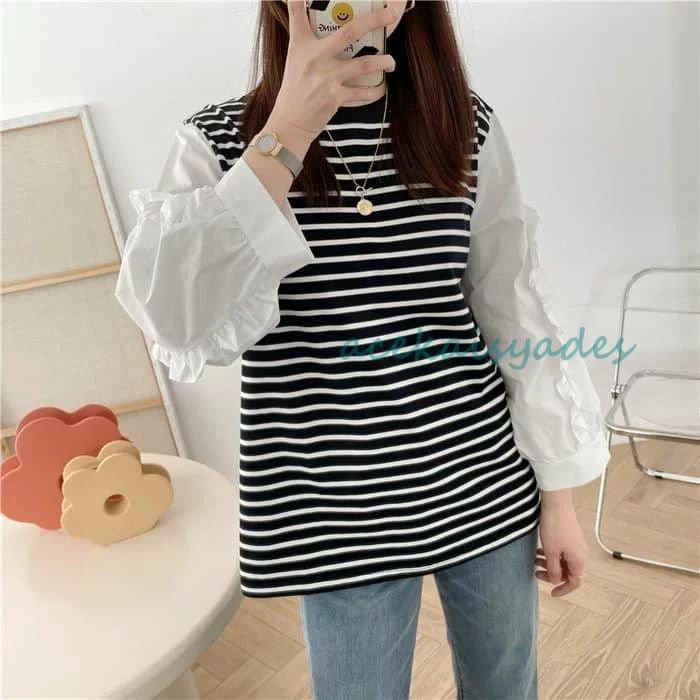 【2025新作SALE】袖切り替えボーダーおしゃれカットソー トップス 長袖 レディース 春 夏 秋 ゆったり 体型カバー おしゃれ シャツ ブラウス ｔシャツ 1504