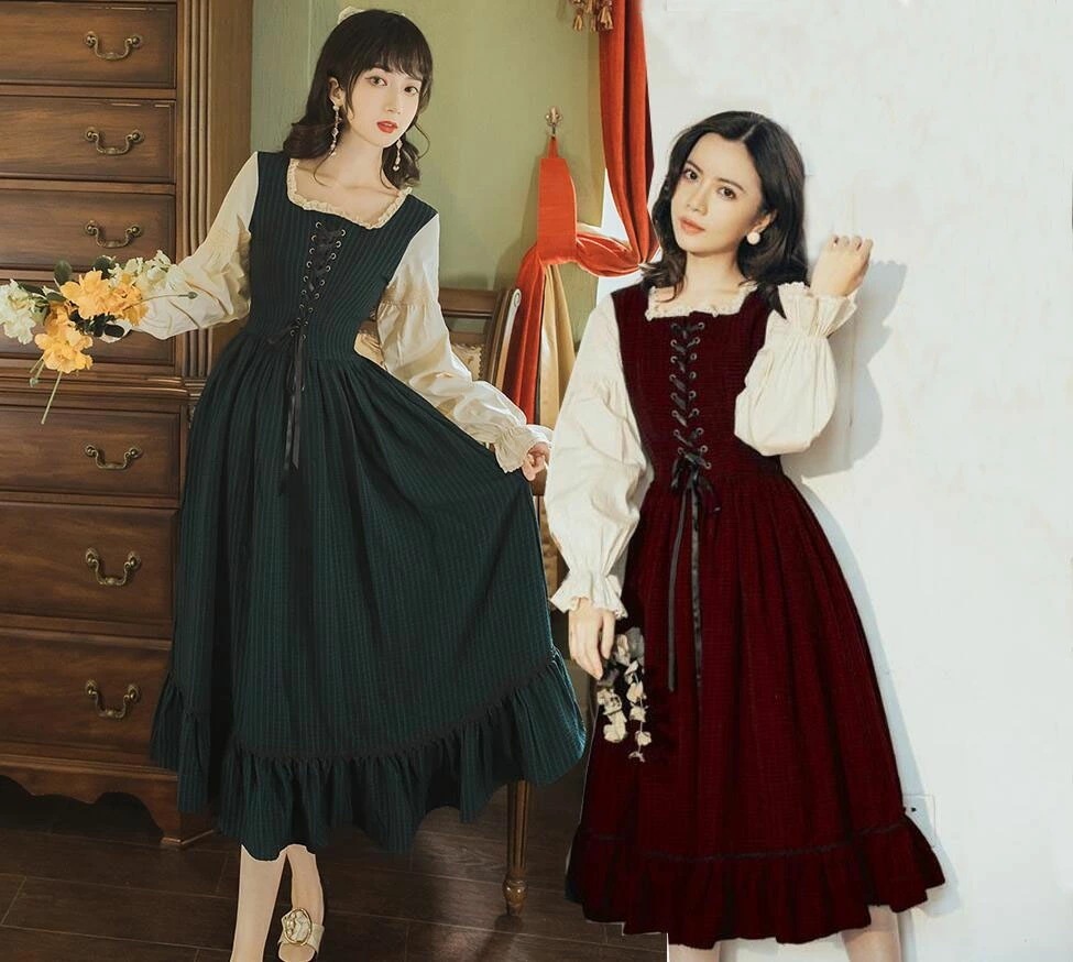 迅速な出荷 ワンピース　レトロ　ロングミモレワンピース　長袖 ゴスロリ ロリータ ワンピース　 お姫様ドレス　重ね着風　レッスアップ　ゴシックロリータドレス　春秋冬　舞台 ステージ 衣装 2色
