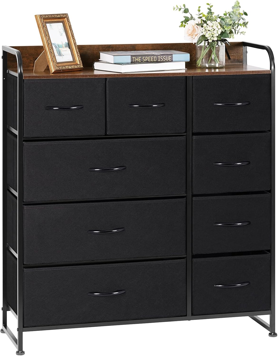 LYNCOHOME チェスト タンス ヴィンテージ風 北欧風 布製 大容量 引き出し リビング収納 オシャレ 衣類収納 転倒防止 低ホルム 4段9杯【幅87.5×奥行29×高さ99.5cm】