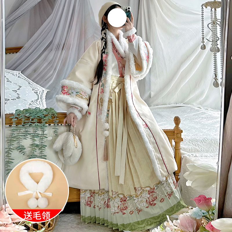 宋製漢服の女性のカーディガンの長い上着を襟にしたプリーツの日常加絨セット