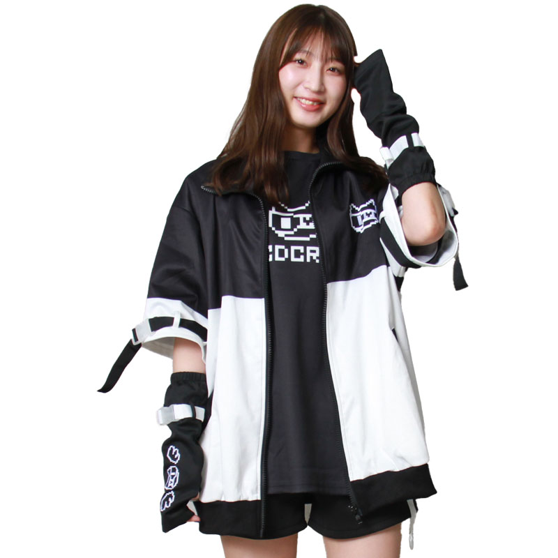 ACDC RAG [半袖] ドットネコ ジャージジャケット 原宿系 サブカル ねこ 大きいサイズ ユニセックス ブラック