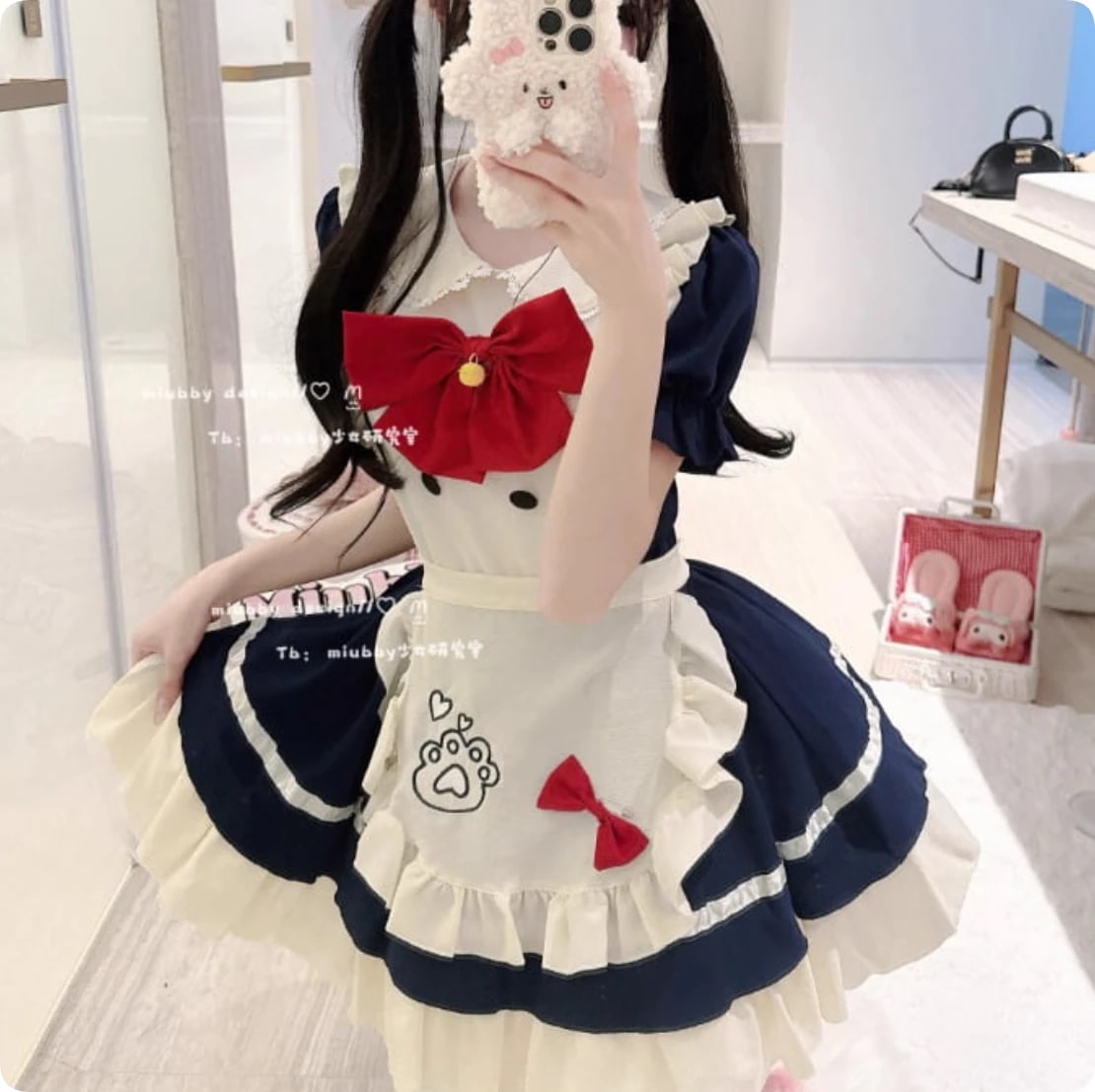 【3日で出荷】メイド服 コスプレ ロリータ ドレス キャッツ 普段着 猫耳カチューシャ付きフリルメイドセット