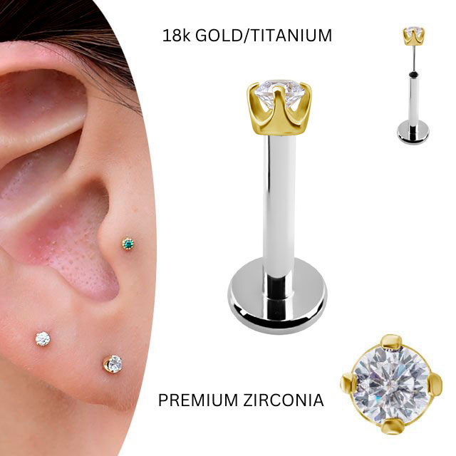 18金 ピアス 2.5mm 立爪 プッシュピアス 20g 18g 16g 14g クリスタル 18Kゴールド チタンピアス 金属アレルギー対応 ラブレットスタッド ボディピアス 軟骨ピアス