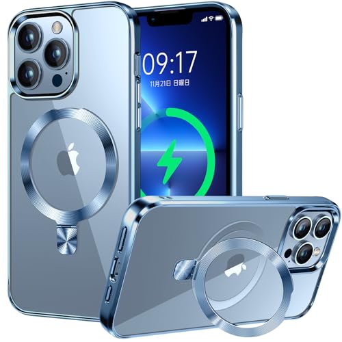 【CD MagSafeリング・スタンド一体】iPhone13 Pro 用クリアケース[MagSafe対応・隠しスタンド] [本体の色・メッキバンパー]ストラップホール付き 角度調整可 米軍MIL規格取