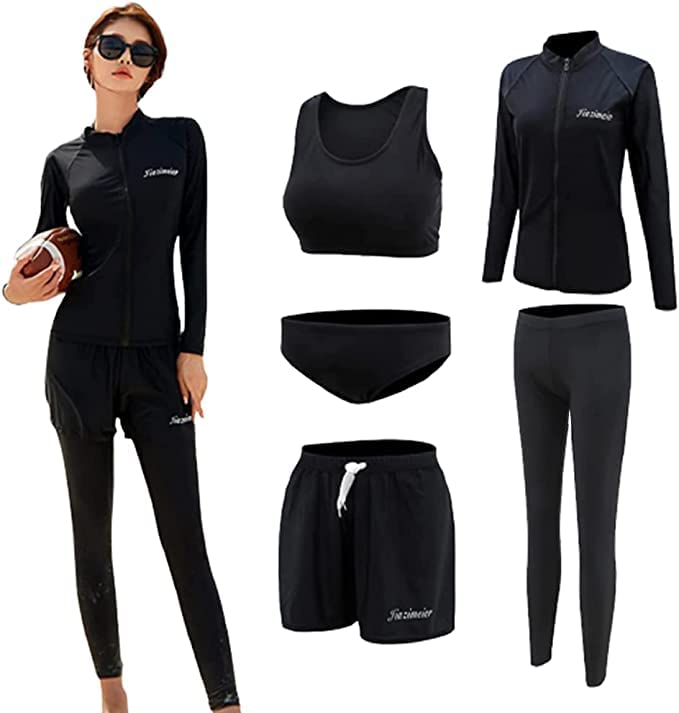 [Eolluka] 水着 レディース 5点セット 体型カバー フィットネス水着 長袖ラッシュガード セパレート タンキニ オシャレ ショートパンツ UVカット 接触冷感 水陸両用 ソフト肌触り…