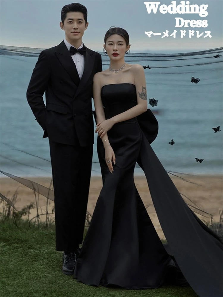 贩売促进 パーティードレス マーメイドドレス 結婚式 ウェディングドレス ロングドレス カラードレス 黒 リボン付き 高級感 演奏会 姫系風 前撮り ウェディング撮影 きれいめ 二次会 披露宴 発表会