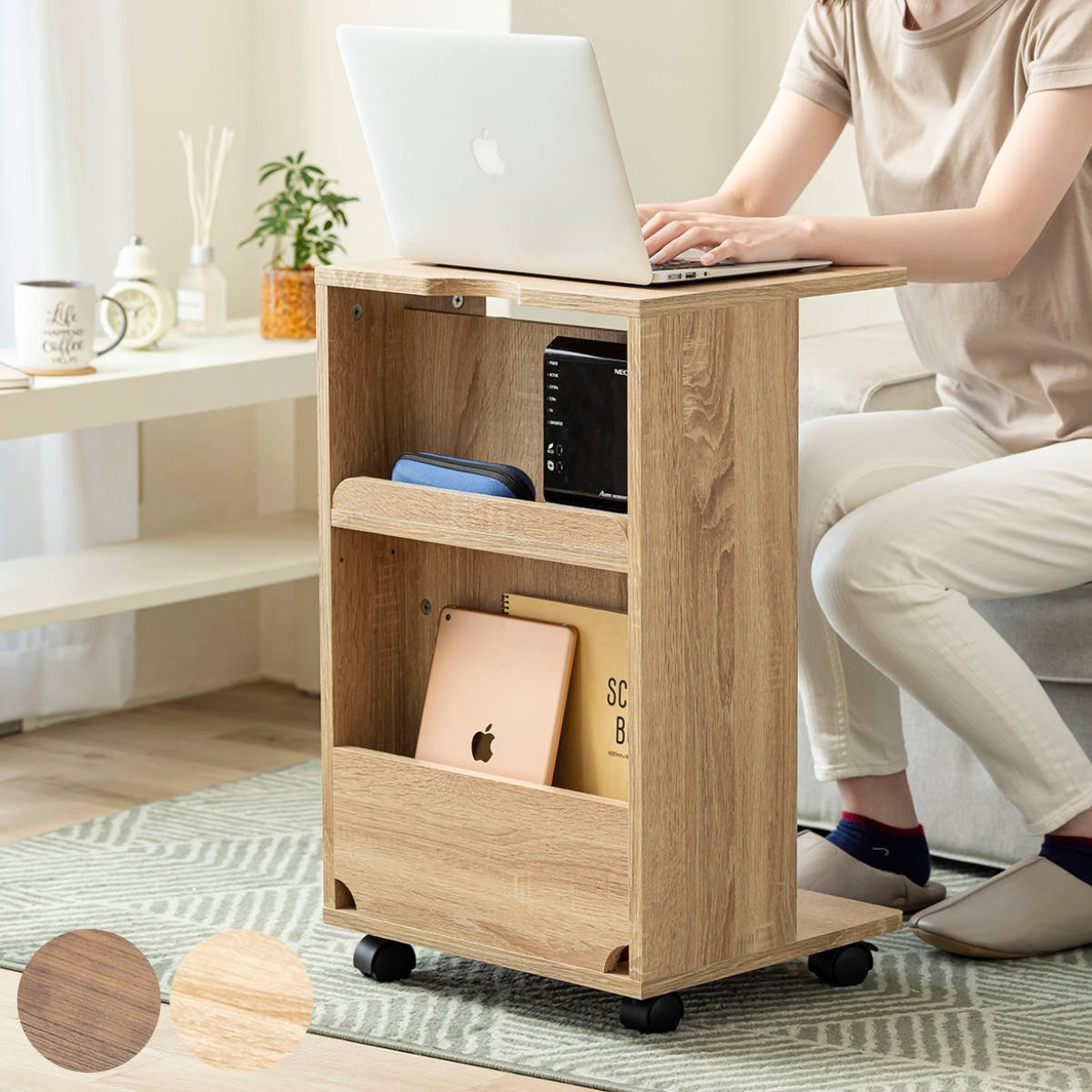 サイドテーブル キャスター付 幅40cm 両面収納付 ナイトテーブル コーヒーテーブル テーブル ラック 収納 棚 コの字 マガジンラック 可動棚 木目調 パソコン PC リビング ソファ