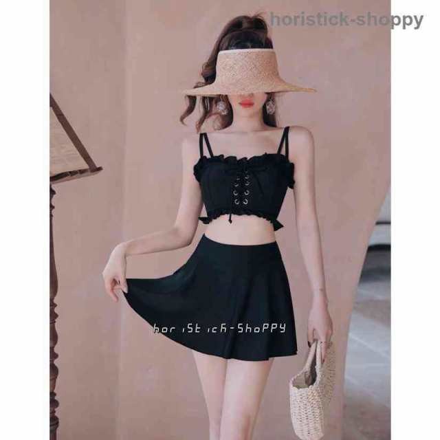 水着レディース タンキニ水着 レディース 水着 タンキニ 体型カバー ビキニ水着 韓国 ハイウエスト スカート ビスチェ 大きいサイズ 大人可愛い 黒 バックリボン 7,813円