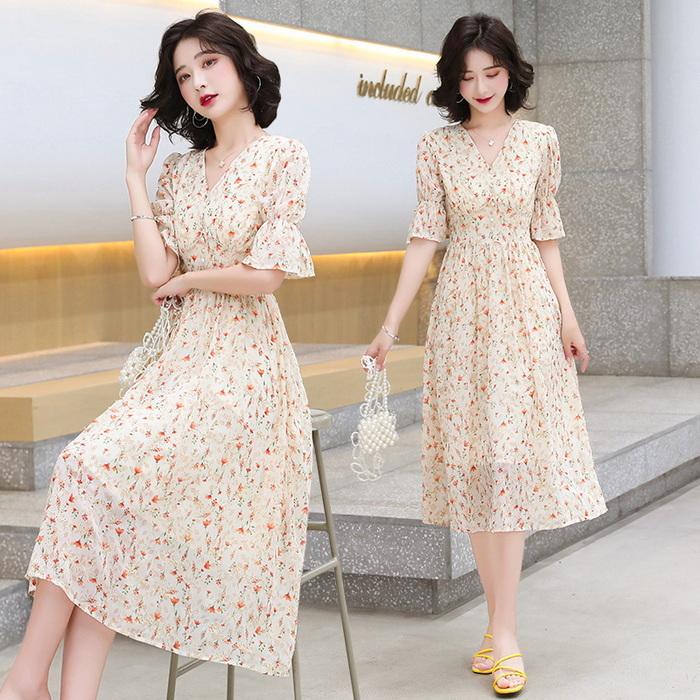 ワンピース レディース 膝丈ワンピース 春夏 半袖ワンピース Vネック きれいめ 花柄 シフォンaラインスカート 韓国風 オシャレ通勤 お出かけ 30代 50代 5,133円