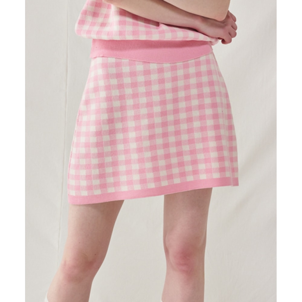 ロンロンギンガムニットミニスカートピンク