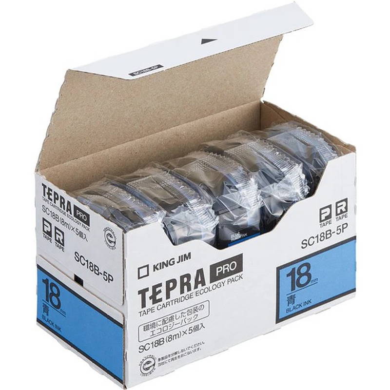 テプラ テープカートリッジ 5個セット 純正 キングジム TEPRA PRO プロ SC18B-5P 幅18mm 青x黒文字
