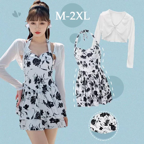 ワンピース水着 服みたいな 水着 2点セット 長袖 リボン ワイヤーなし パッド付 レディース 着瘦せ シンプル 写真映え 撮影用 海 夏 サマー プール リゾート かわいい オシャレ 旅行 温泉