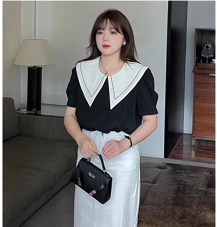 デザイン プラスサイズ 婦人服 スタイル コントラストカラー トップ 夏 トップス Tシャツ ブラウス 袖あり 半袖 ラウンドネック 襟付き きれいめ シンプル 大人 上品 おしゃれ お洒落