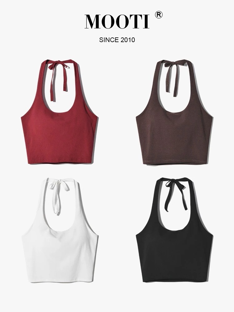 胸パッド付き女性用ホルターネックキャミソール短いボトムスと美しい背中の下着白を着たホットガールブトップトップ