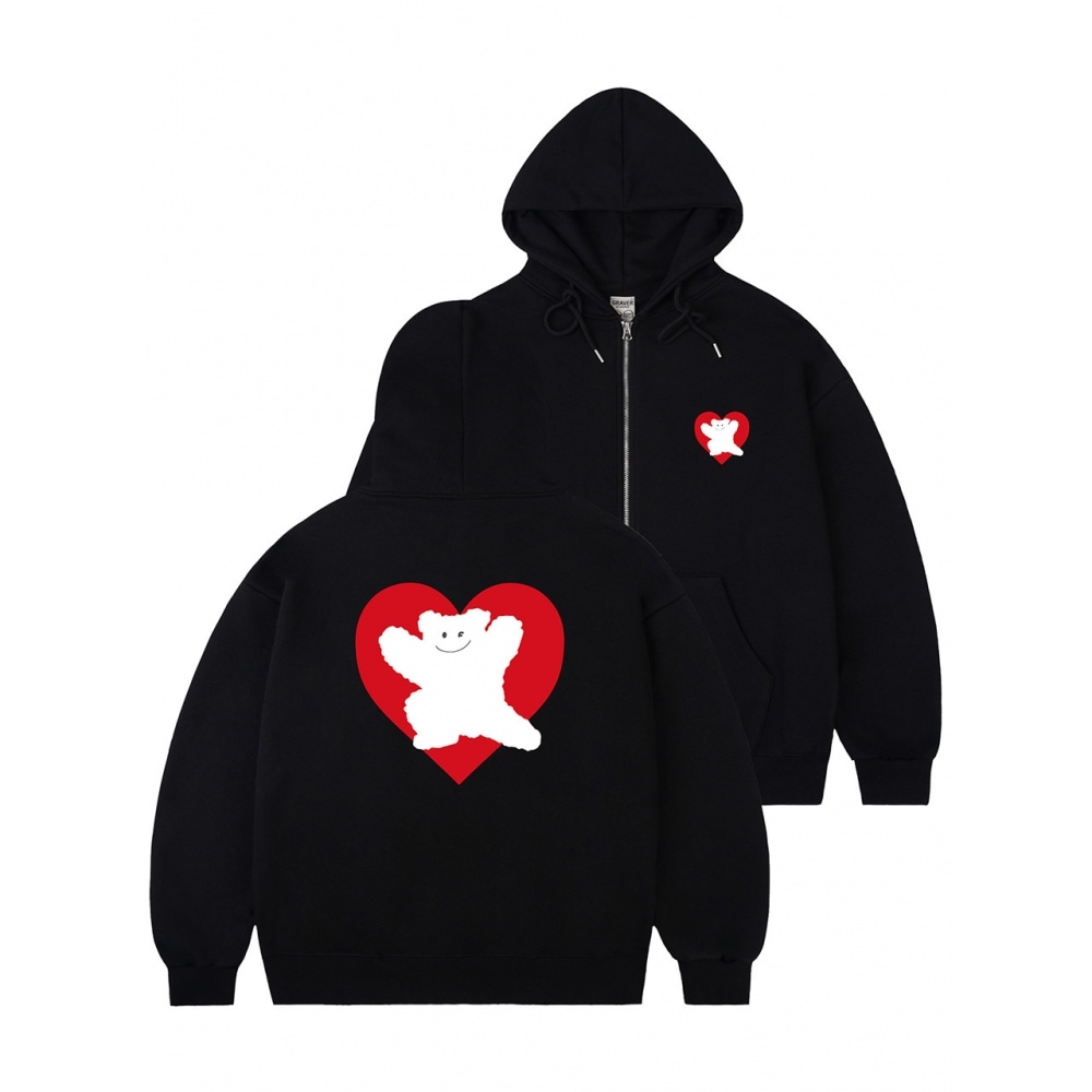 グラバーベアハートバックプリントパーカージップアップブラック