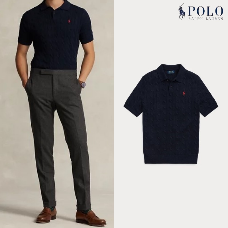 [ポロラルフローレン] ケーブル ニット コットン ポロ カラー セーター / NAVY