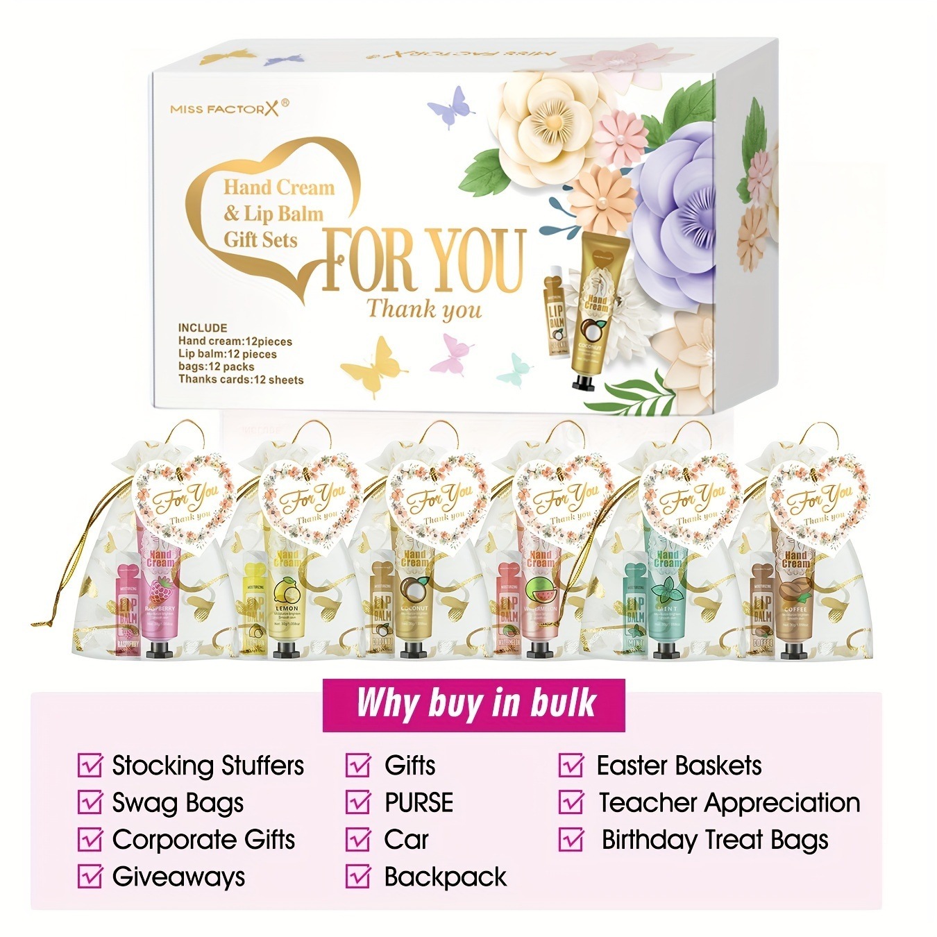 12個セット MISS FACTORX ハンドクリーム＆リップバーム ギフトセット - 低アレルギー性ヒアルロン酸＆グリセリン配合の保湿ハート形ポーチ＆サンキューカード付き結婚式企業チームビルディング