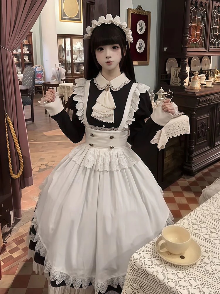 2026新作 ロリータ メイドスタイル 制服 長袖 ワンピース アシンメトリー エプロン セット