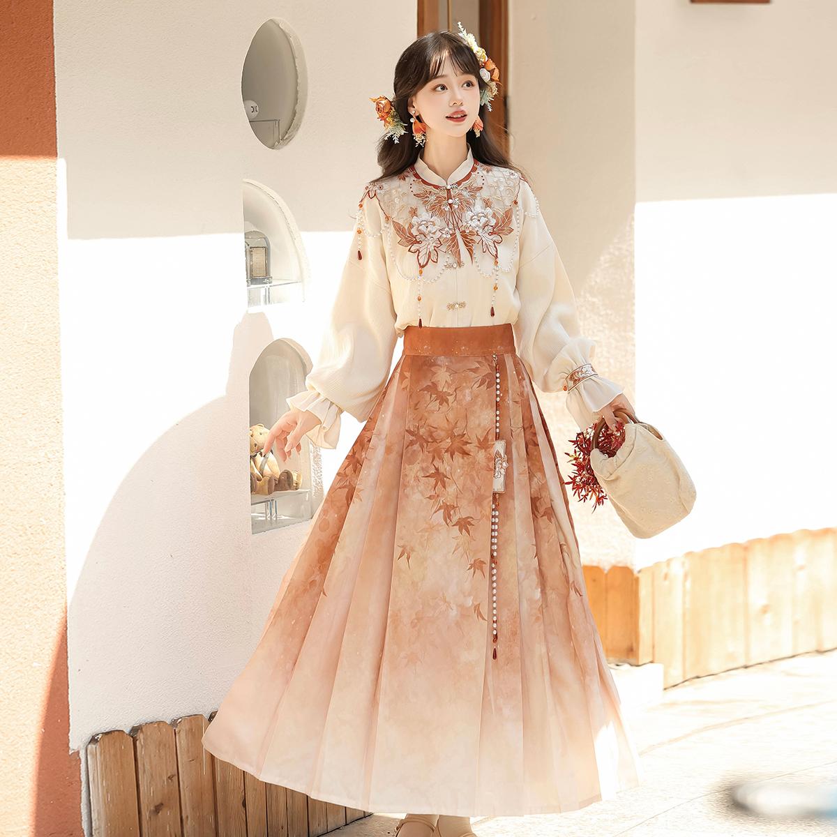 送 料 無 料正規品デザインカエデ詩新韓国シャツ半身スカート日常優しい秋