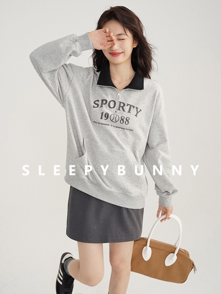 Sleepy Rabbit コントラストカラー ラペル ルーズ カジュアル スポーツ スウェットシャツ