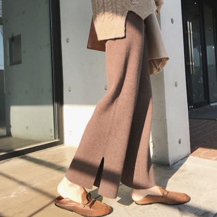 ボトムス パンツ 大きいサイズ あったか ズボン ニット スリット サイドスリット 伸縮性 シンプル カジュアル 上品 おしゃれ お洒落 かっこいい レトロ 可愛い 女子 こなれ感 ラフ